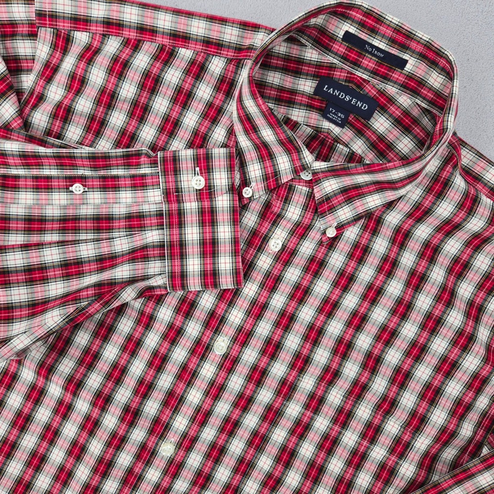 Lands' End 17-35 Red Plaid Button Down Shirt Mens No Iron Dress Shirt